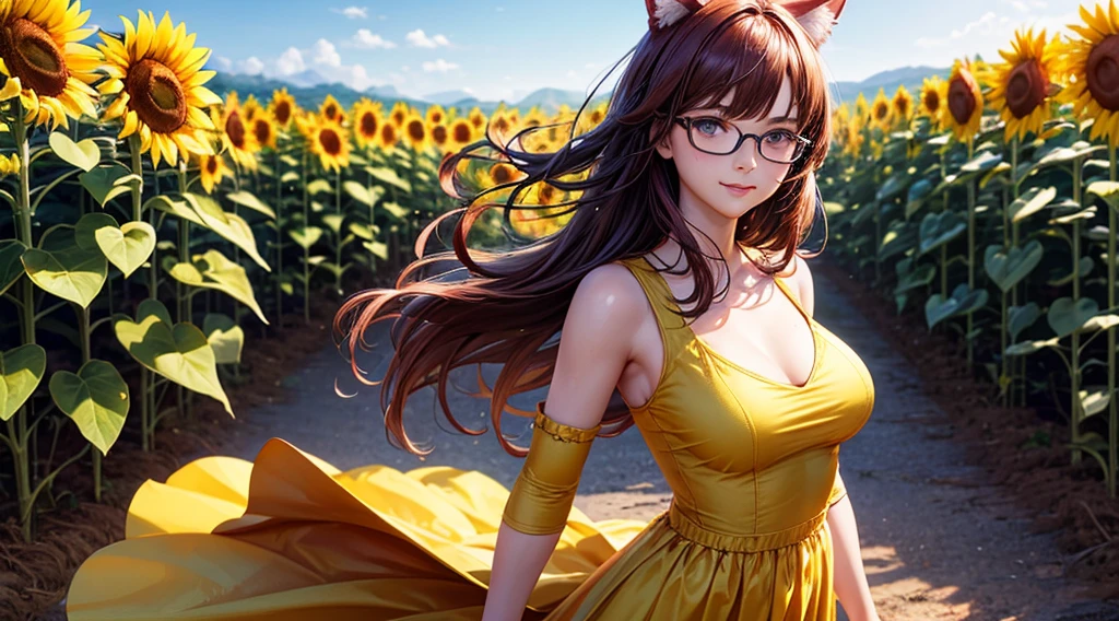 (masterpiece, best)), (1girl), (mature woman), Red hair, open-chest seduction, flared, (kemonomimi Farm lady), bangs, medium breasts, glasses lady, (full), slim, smile, [wide hips], standing, 8K picture quality, sexy seduction, (open-chest) (Sharp focus: 1.5), (sharp focus:1.2), (beautiful face:1.1), (eye makeup:1.2), (tight body:1.2), (Sunflower Yellow dress:1.2) (Farm:1.2). (morning sun lighting:1.2), ((Masterpiece)), (highest quality))), (Character design sheet, national costume, same character, front, side, back), (Farm background: 1.3) ( Masterpiece:1.2), (Best Quality:1.3) (best quality:1.1) realistic:1.37 long, flowing:1.1 luscious, plump:1.1 sparkling sequins:1.1 subtle, soft, warm:1.1 best quality,4k,8k,highres,masterpiece:1.2, realistic,photorealistic,photo-realistic:1.37, ultra-detailed:1.1 busty animal ears, beautiful, detailed ears:1.1 best quality, 4k, highres, masterpiece:1.2 detailed, piercing eyes:1.1 4k, 8k, highres, masterpiece:1.2 very three-dimensional: 1.2 (8k, best quality, masterpiece:1.2 ((masterpiece, best))