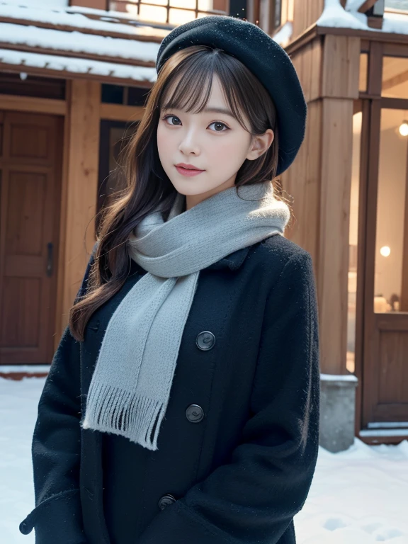 (Best Quality, 4K, 8K, hight resolution, masutepiece:1.2), Ultra-detailed, (Realistic, Photorealistic, Photorealsitic:1.37), wool felt art style:1.8, Exquisite craftsmanship, Attractive texture, black short hair girl, elegant red felt dress, Fluffy scarves, blue felt hat, winter sun, Snowy landscape.