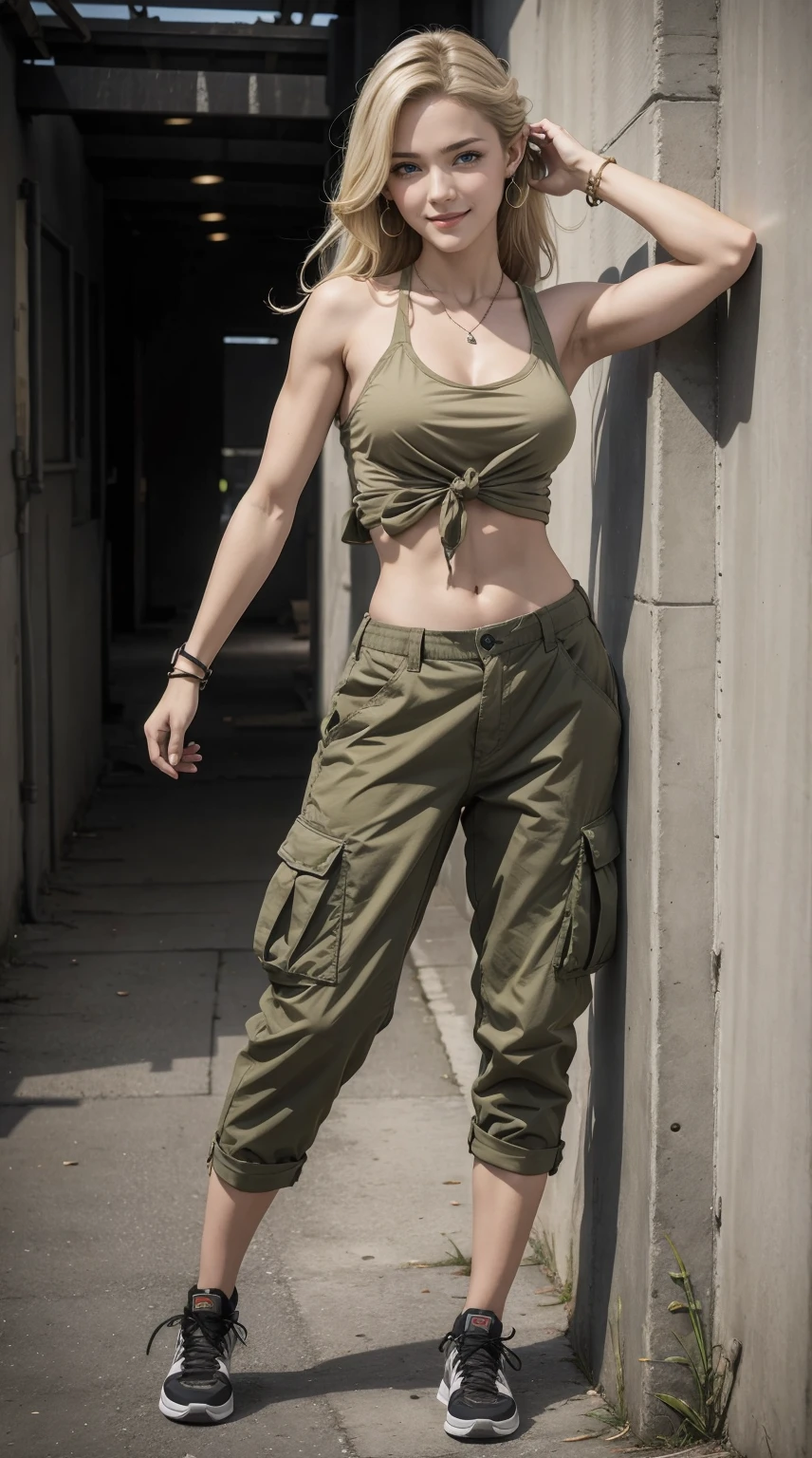 25-year-old Caucasian woman、bionde、blue eyess、Longhaire、I use a hair band to tie my hair together、My abs are cracked、The navel is out、accessories on the wrist、a smile、Slender but well-proportioned muscular body、a smile、Breasts are big、wearing a khaki-colored T-shirt、I'm wearing khaki-colored low-rise cargo pants.、wearing military sports shoes、I'm in front of an old concrete wall、Leaning your back against the wall