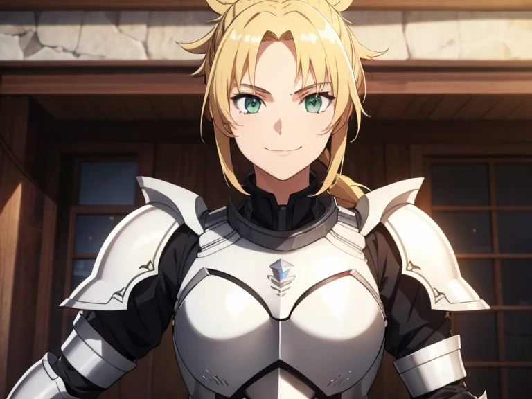 1girl, green eyes, wearing heavy armor, high res, ultrasharp, 8K, masterpiece, looking at viewer, smiling, blonde, messy mid-pony tail, posing, white armor, red hair tie