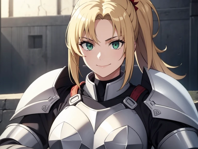 1girl, green eyes, wearing heavy armor, high res, ultrasharp, 8K, masterpiece, looking at viewer, smiling, blonde, messy mid-pony tail, posing, white armor, red hair tie