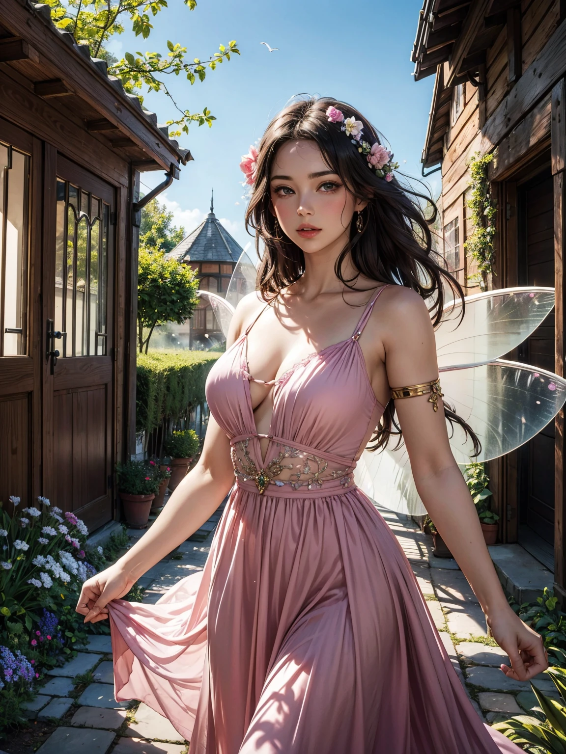 (fairy:1.1,fairies:1.1) in a (beautiful) village, surrounded by (magical) nature. The (enchanted) village (small and cozy) with (colorful) houseade of wood), each (uniquely decorated) with (flower-filled window boxes). The fairies have (glowing wings) and are (playfully flying around) the village, spreading magic wherever they go. The fairies have (delicate and intricate) features, with (sparkling eyes), (petal-like lips), and (luminous skin). They wear (flowing dresses) in (pastel colors) that shimmer in the sunlight. The village athed in soft golden light), creating a (dreamlike) atmosphere. The fairies interact with theiiry houses), visiting (tiny gardenilled with (colorful blooms) and (sparkling fountains). They have (lingering trails of pixie dust) behind them as they move through the village. The entire scene (captivating and whimsical), like a glimpse into a (fairy tale) world.
(best quality, 4k, 8k, highres, masterpiece:1.2), ultra-detailed, (realistic, photorealistic, photo-realistic:1.37), HDR, UHD, studio lighting, fairy tale, colorful, vivid, enchanting, magical, delicate, dreamlike, whimsical, shiny, soft, pastel colors, golden light, detailed flowers, sparkling, flowing dresses, (fairy wings). edgQuality,antiBlurV2,CR1.3