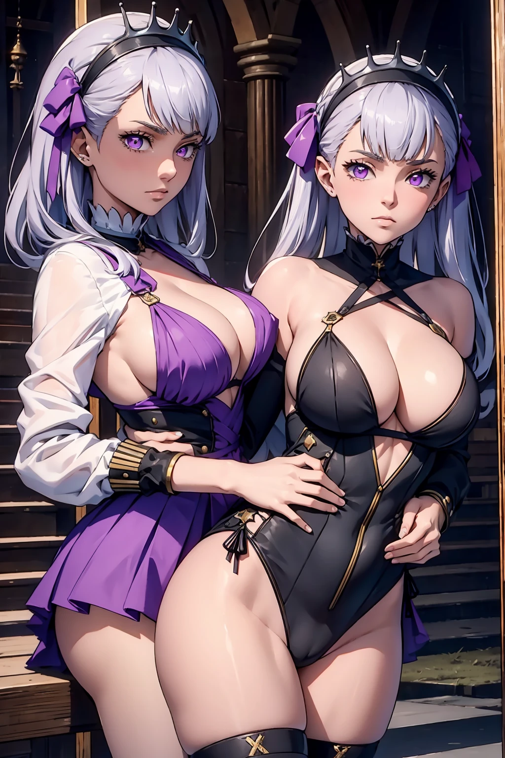 Meisterwerk, Atemberaubend realistisch, fotorealistisch, 12K-UHD, best quality, Sharpness, scharfes Gesicht, 1人,Noelle Silva,big boobs,silver hair,purple eyes,hugs another girl,2 girls cuddling,