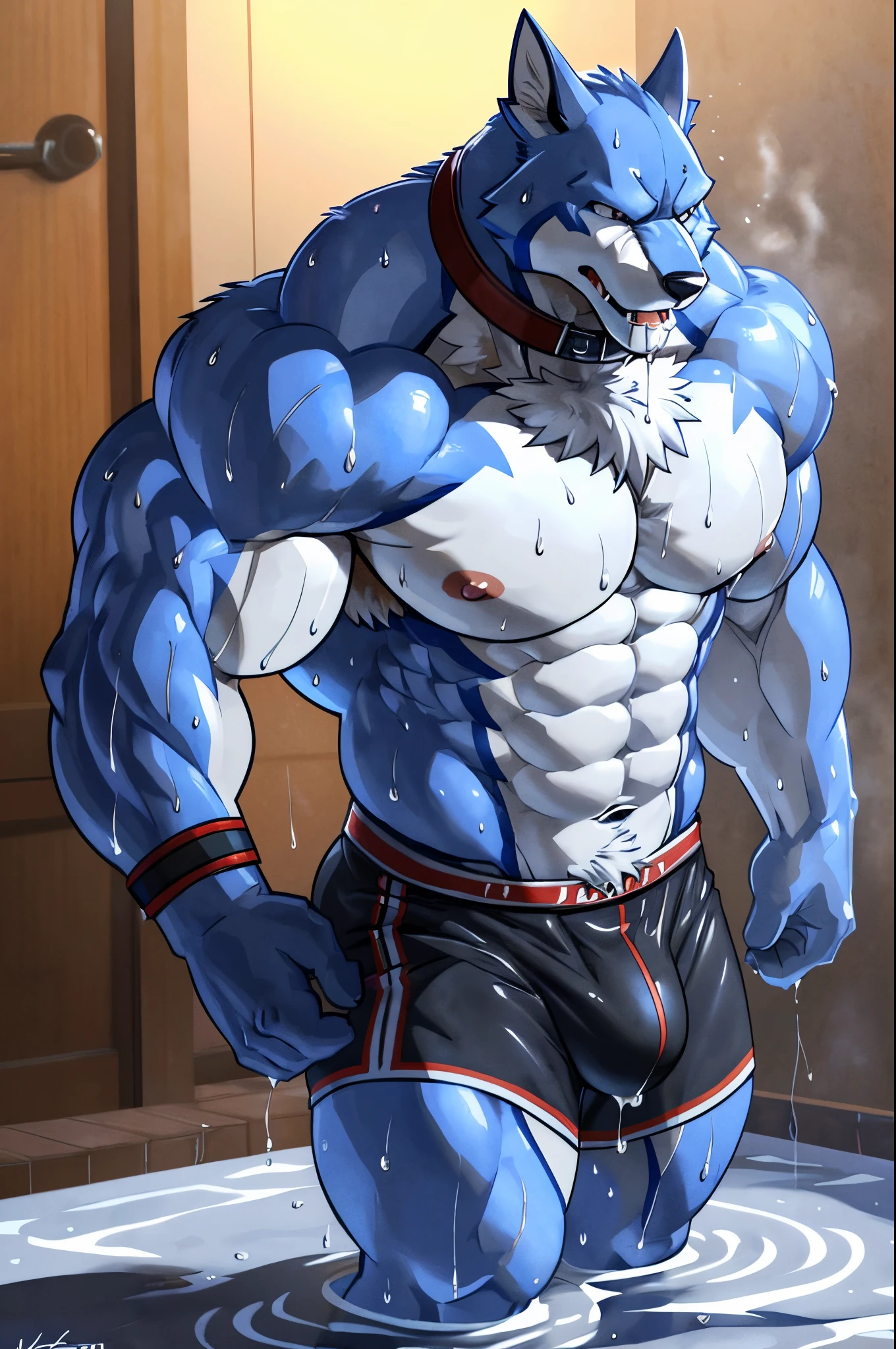 (solo), (full height):1, doggiekruger, mature, masculine, slim:1.2, skinny:1.2, tall:1, (correct anatomy:1.2), vascular veins, (cartoon fur, detailed fur texture:1.3), topless, wearing big black collar (shirtless, compression shorts, bulge:0.8, bare feet), ultradetailed,  (sweat:1.4, wet:1.6), (lots of sweat flowing down) exhausted, wolf head ((open eyes, detailed):1.2), open mouth (steaming breath:1.2, drooling, dripping saliva, thick drool) tongue sticking out, (serious:1.4) expression), grumpy, in pain, natural lighting (gym:1 background), (by wfa:1.2), (by takemoto_arashi, by vorusuarts, by Traver009:1, by grimfaust:1)