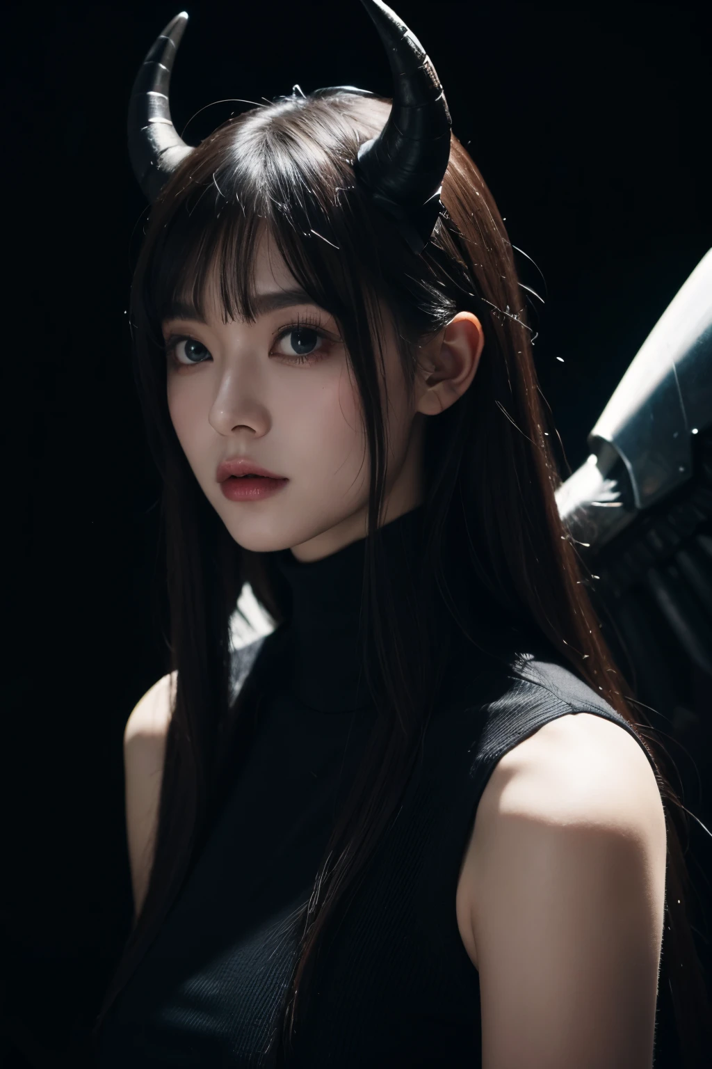 A man in a futuristic tights、Close up of horned demon woman with black wings posing for photo in dark studio, minimal background, Dark synthetic aesthetic, Horror cyberpunk, ultra - detailed, tmasterpiece.