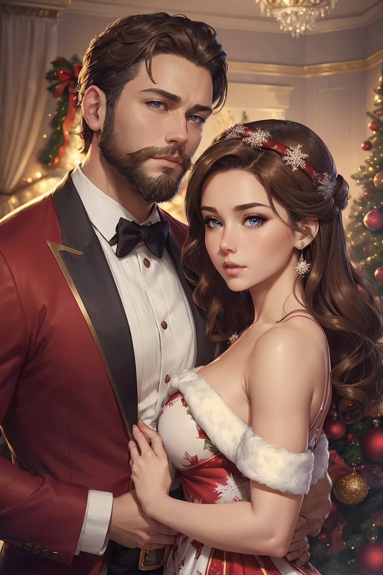 ((A couple in love)), ((woman with brown hair wearing a christmas gown with small breast)), standing with ((a masculine man with short blonde hair and a full beard, in a red and white suit)), blue eyes, hair with many details, 8k artgerm bokeh, fanart best artstation, render photorealistic, guweiz-style art, inspired by WLOP, ig model | artgerm, detailed waist up portrait, stunning wait up portrait of realistic face, beautiful waist up portrait, deviantart artstation cgscosiety, cinematic realistic portrait, high quality portrait, elegant digital painting, photorealistic artstyle, ((Christmas living room background)), ((looking at the camera))
