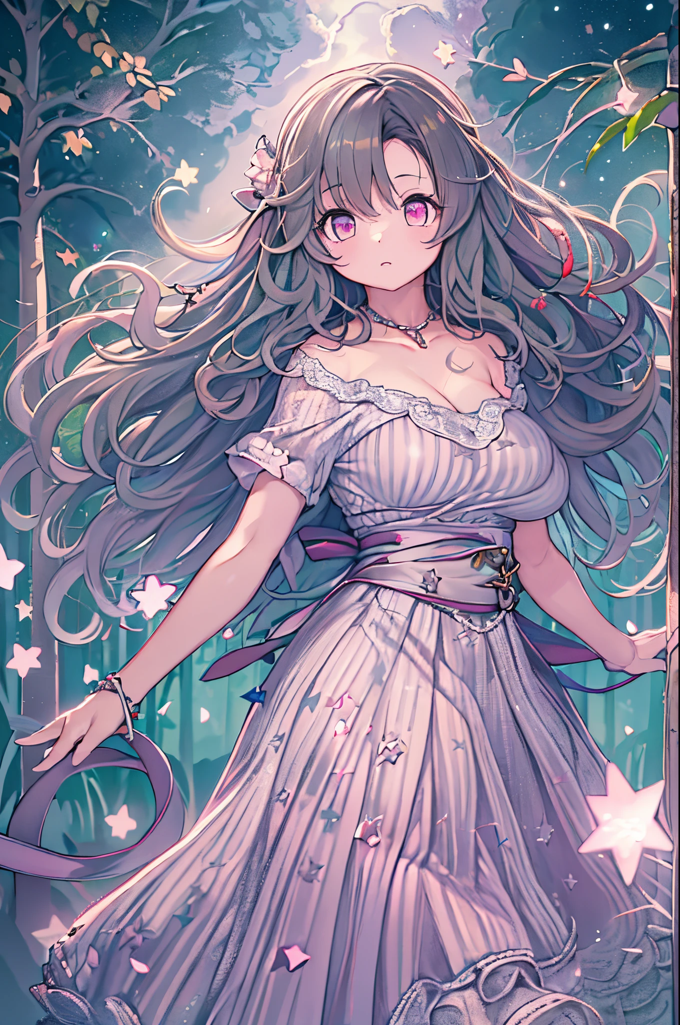 Detailed background, masutepiece, Best Quality, 1 person , Curly hair, Long hair, Purple eyes, stars in the eyes , Strapless blouse, long skirt