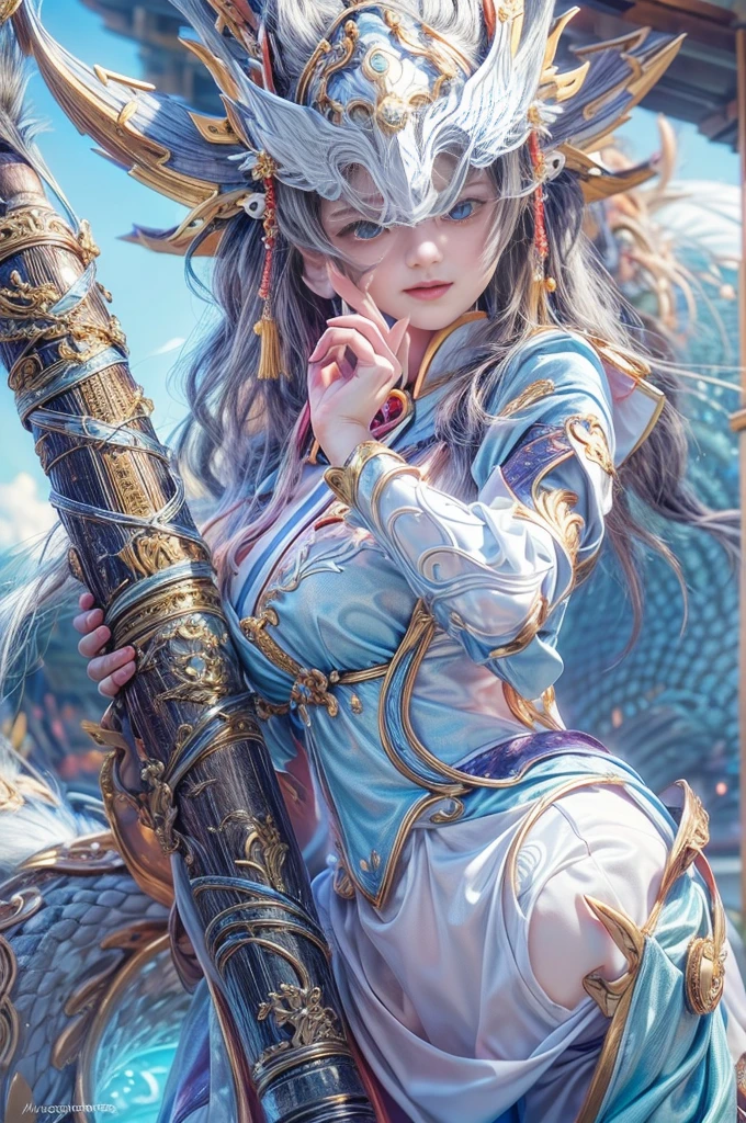 (Photoreal Stick:1.4, masutepiece:1..3, 8K), top-quality, ​masterpiece, 超A high resolution, Perfect dynamic composition, Professional camera work, Grow Light Effect, Mystical portrait, Cinematic Light, Highly detailed skin and facial texture:1.3, The ultra-detailliert, A detailed eye, (riding a dragon, holding an cane), (myterious:1.3, Fanciful:1.2, tradition:1.2, majestueux:1.2), 1girl in, 25-years old, cute and sexy slim goddess, Fair skin, (Enraptured look:0.9, Totally captivates you:1.0), (japanese miko costume:1.3), (voluptuous breasts:0.9), (Backshots, Calm pose), (Beautiful blue eyes, Eyes that feel beautiful eros:0.85), Sexy face:0.4, (A mouthfeel that feels beautiful eros:0.85), ((Too cute beauty:0.9)), Detailed limbs, Fantastic background