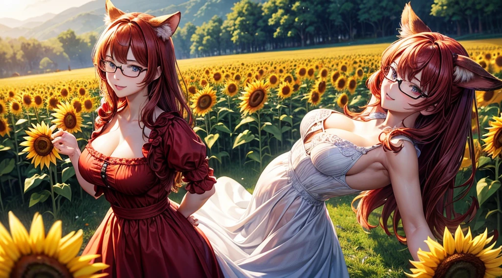 (masterpiece, best)), (1girl), (mature woman), Red hair, open-chest seduction, flared, (kemonomimi Farm lady), bangs, medium breasts, glasses lady, (full), slim, smile, [wide hips], standing, 8K picture quality, sexy seduction, (open-chest) (Sharp focus: 1.5), (sharp focus:1.2), (beautiful face:1.1), (eye makeup:1.2), (tight body:1.2), (sundress with sunflowers:1.2) (Farm:1.2). (morning sun lighting:1.2), ((Masterpiece)), (highest quality))), (Character design sheet, national costume, same character, front, side, back), (Farm background: 1.3) ( Masterpiece:1.2), (Best Quality:1.3) (best quality:1.1) realistic:1.37 long, flowing:1.1 luscious, plump:1.1 sparkling sequins:1.1 subtle, soft, warm:1.1 best quality,4k,8k,highres,masterpiece:1.2, realistic,photorealistic,photo-realistic:1.37, ultra-detailed:1.1 busty animal ears, beautiful, detailed ears:1.1 best quality, 4k, highres, masterpiece:1.2 detailed, piercing eyes:1.1 4k, 8k, highres, masterpiece:1.2 very three-dimensional: 1.2 (8k, best quality, masterpiece:1.2 ((masterpiece, best))