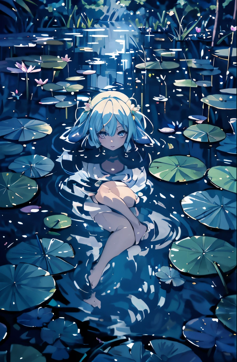 anime girl sitting in a pond of water with lily pads, wallpaper anime blue water, in a pond, lying on lily pad, anime girl walking on water, waterlily mecha nymphaea, anime art wallpaper 8 k, nymph in the water, in a lake, anime art wallpaper 4k, anime art wallpaper 4 k, lily pad