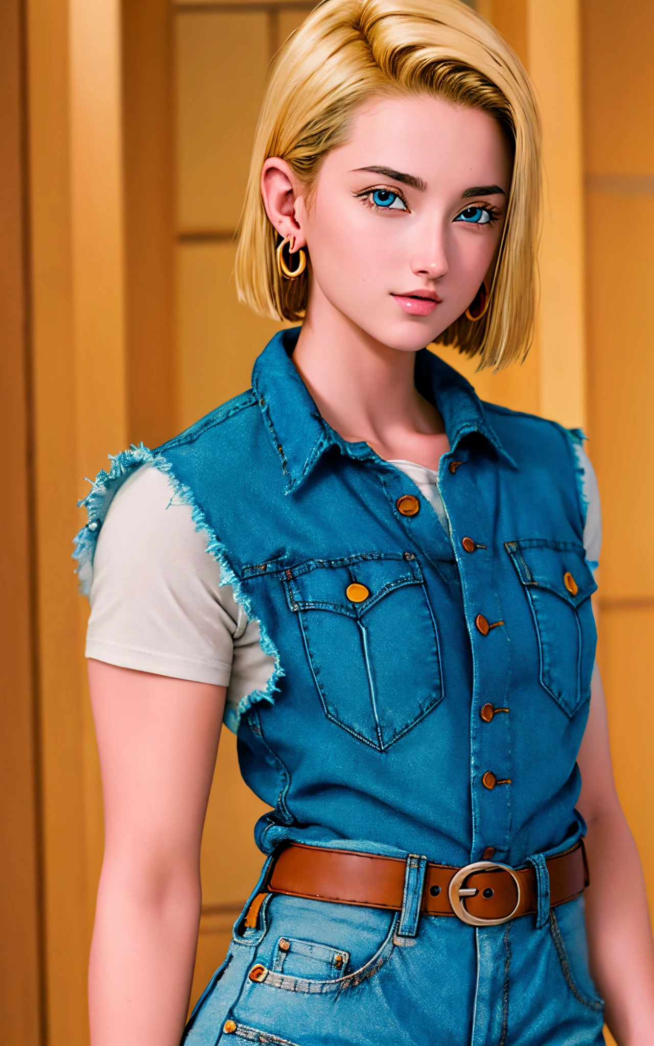 (masterpiece, best quality), realistic version of android18, earrings, denim, belt upper body, focus face, perfect face, Emily Rudd.