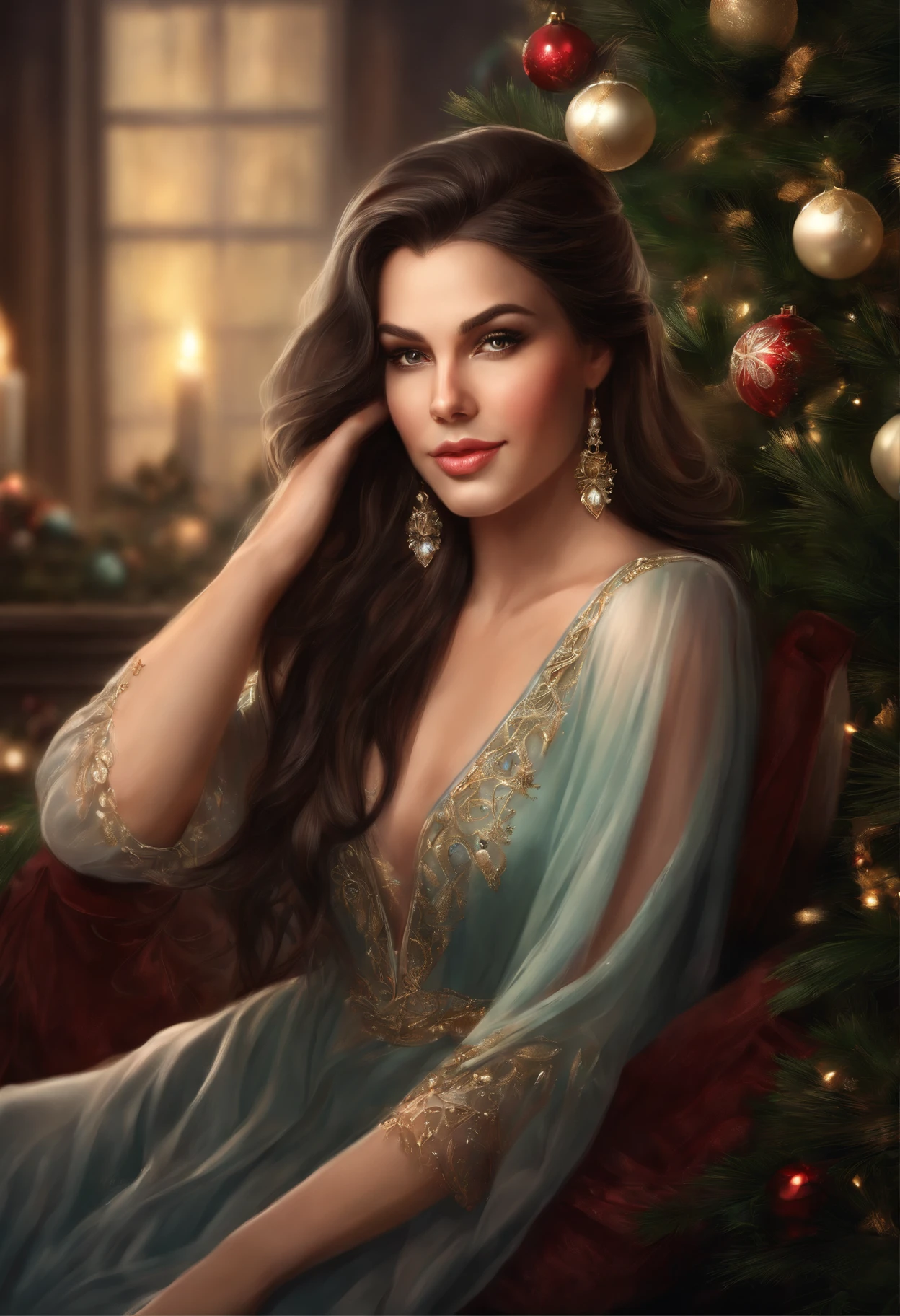 picture of a woman with long dark hair and earrings in front of a Christmas tree, inspired by Magali Villeneuve, in the art style of bowater, elegant digital painting, fantasy art portrait, detailed beauty portrait, portrait of an elf, Masterpiece! Portrait of Arwen, digital fantasy portrait, Detailed beautiful portrait, fantasy portrait, artgerm portrait, Soft facial features, Rocker Girl, sitting in a chair with flowing black hair , Straight hair , near the Christmas tree, Soft facial features, Wearing trousers,  wearing a sweater, With light makeup,  dark pink lips,  lip shape"pearlescent" ,"curved eyebrows in the shape of Engriberts, Cyan eyes,  heavy-lidded eye shape, Human Hand,   Human hand, very clear without flaws with five fingers, Black long Straight hair ,, In a short red sweater, in black trousers,mischievous character, fireplace, Christmas tree, Gifts,