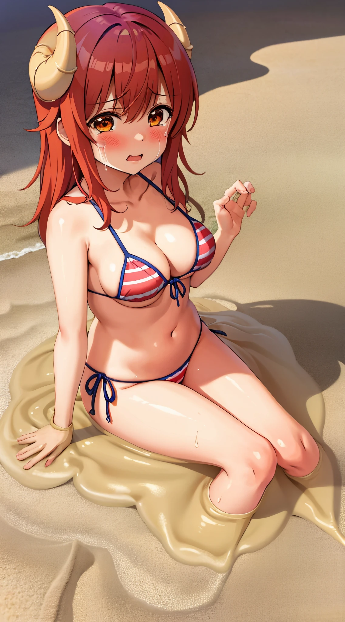 best quality, masterpiece, highly detailed, illustration, 1girl, solo, yoshida yuuko \(machikado mazoku\), horns, shamiko, bikini, beach, (quicksand:1.3), glossy lips, lips parted, crying