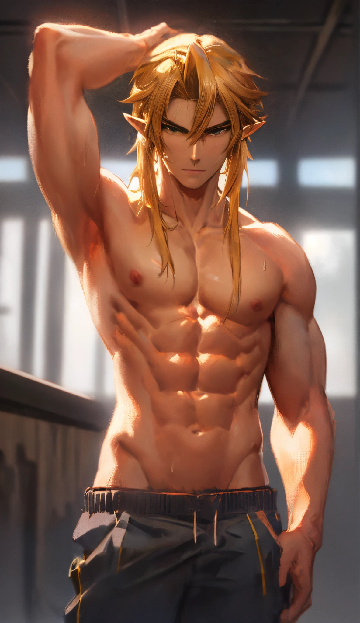 a close up of a man with blonde hair and no shirt, perfect anatomy, perfect nale body,handsome guy, shirtless :: high detail, blonde, anime boy, blonde waist-long hair, handsome anime pose, smooth skin, shirtless,link, masterpiece,detailed, intricate,4k,digital painting,pants,martial arts,black belt, muscular,perfect abs,warrior,sportive,seductive,horny,(smiling:0.5)(evil:0.3)(from below:1.2),(indoor)(palace)(one hand behind head),serious, confident,looking at viewer,maledom,prince,dominant, bdsm,sports,sportive, sweatpants