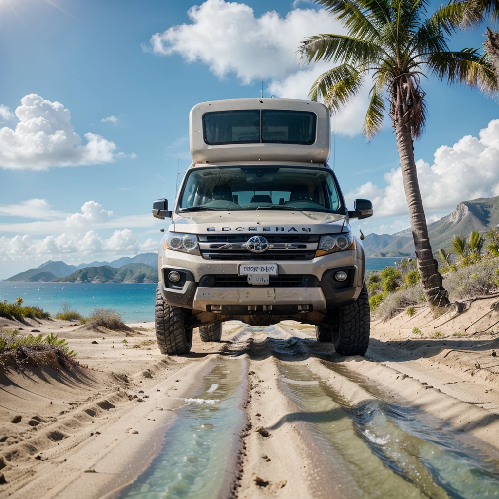 expedition campervan, 4x4, off road style, snorkel, beautiful weather, sunny day, palm trees, ocean, mountains, beautiful view, the best  quality, 4K, full realism, one girl, fit body, beautiful face