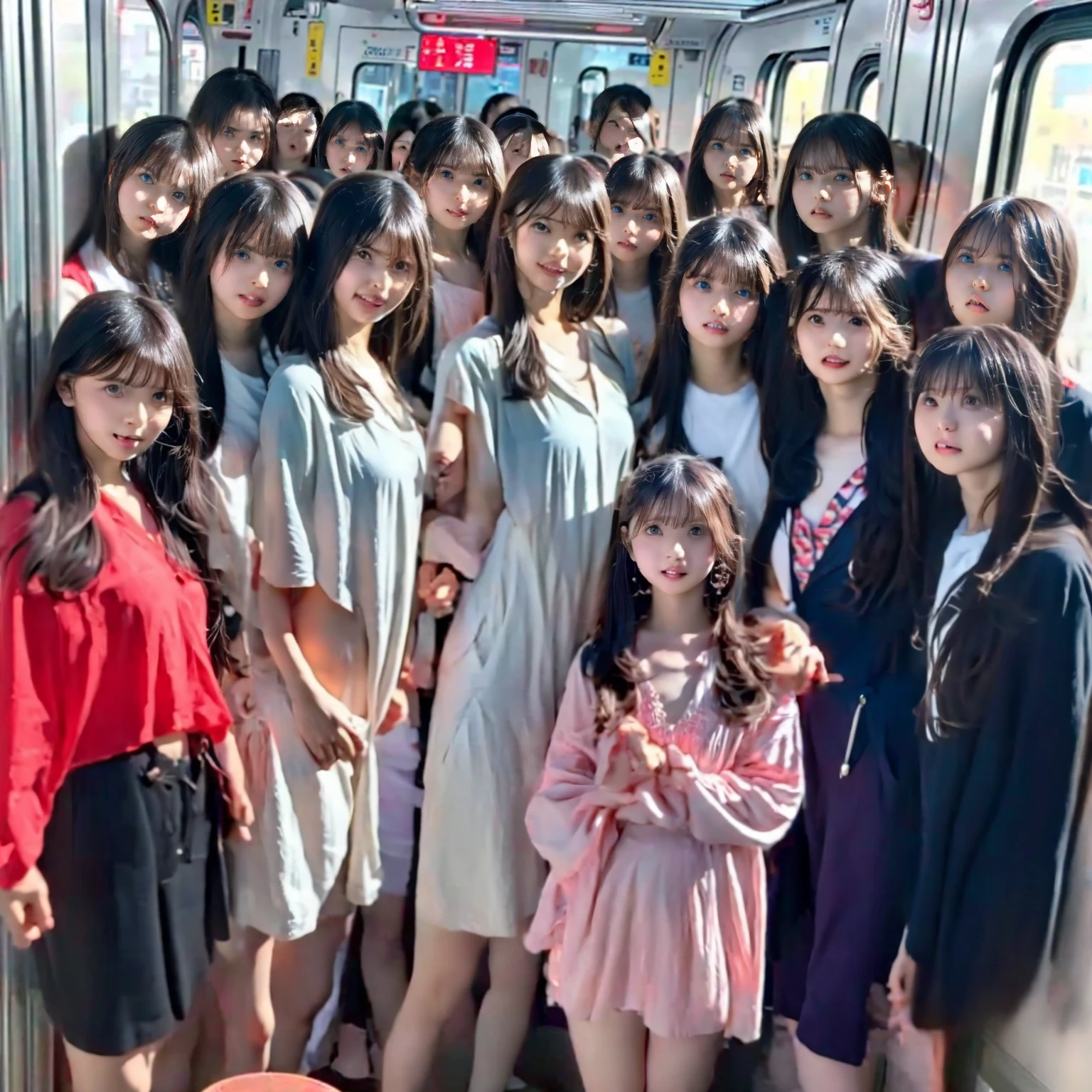 Raw photo、(((multiple girls))),((((6+girls)))),((((1000girls)))),(((10000girls)))、(((crowd shot))),((a baby face)),(((Adhesion)))、((Crammed))、((Packed))、elementary student、(Inside the crowded train)、(((is standing)))、((Everyone is standing)),(((6 years old)))、Women only、japanes、((Same height))、The same face、((A dark-haired)),Longhaire、((1000 cute women standing close together on the train))、(((Large group)))、((chiquita))、sweating、A crowded train full of ***********s