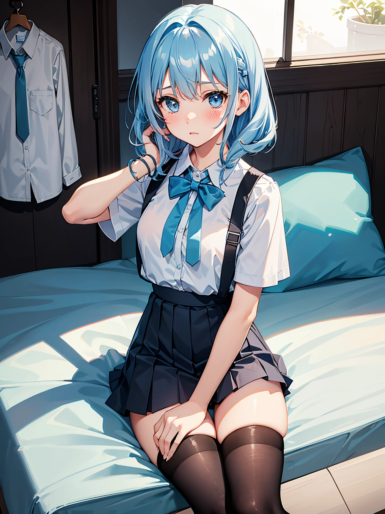 1girl in,Light Blue Medium Hair,Tying hair,Light blue eyes,Cute,blush,medium breasts⁩, high-school uniform, Black tights, Black underwear, I see underwear, sitting on, Open legs, streaks in underwear