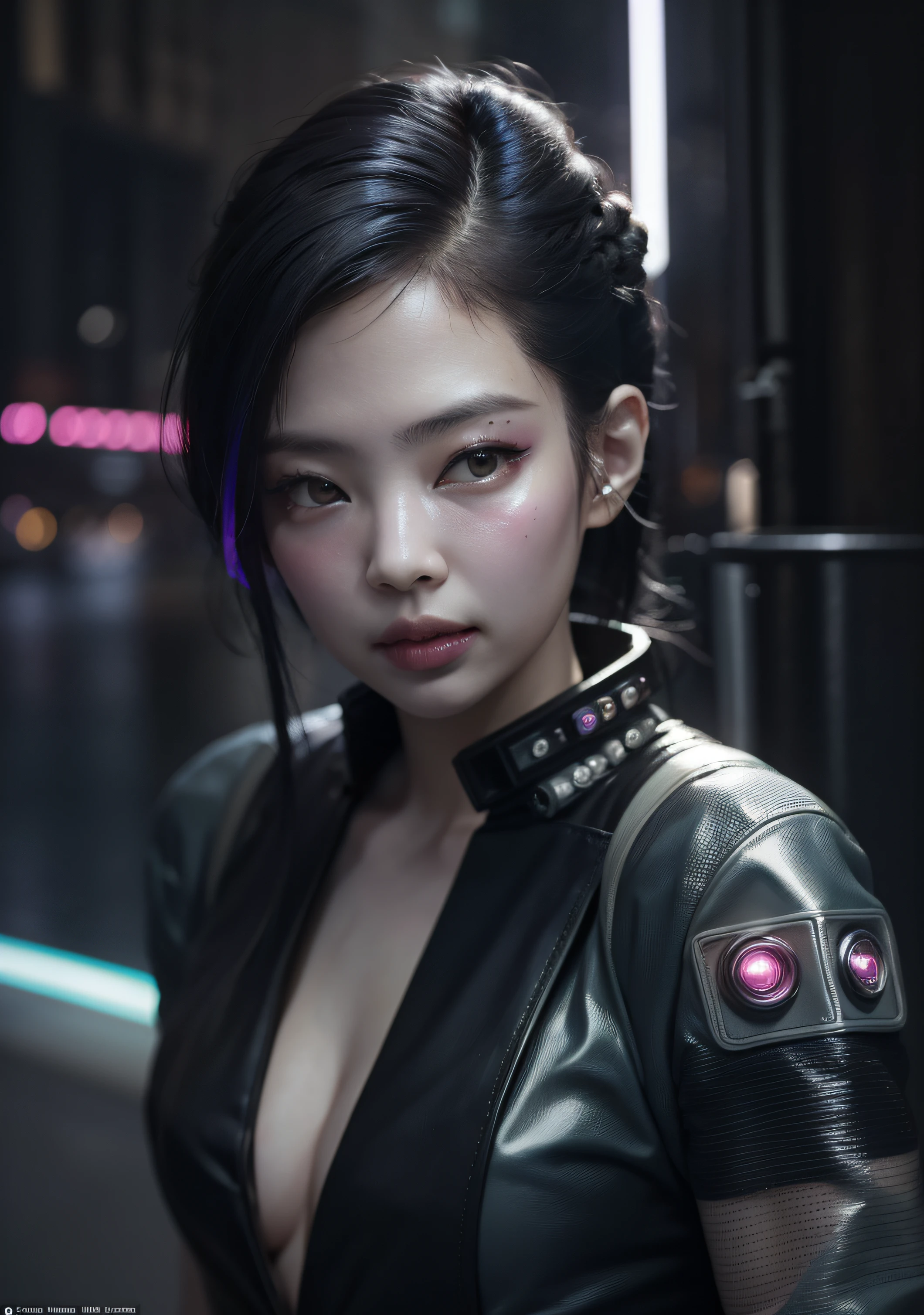 analog style, model shoot style, photo ((selfie:1.8)) of a girl, 1girl, (cyberpunk:1.8, cyberpunk city background:1.8), ((cutest face: 1.8, perfect face:1.3)), (long multicolored hair:1.4, pale skin:1.5),
(from above:1.2), best quality, epic (by lee jeffries photo, sony a7, 50 mm, pores:1.5, colors, hyperdetailed:1.5, film grain:1.4,
hyperrealistic: 1.5), hyper-realistic lifelike texture, masterpiece, unreal engine 5, Extremely detailed CG unity 8k wallpaper, realistic eyes,
Madly detailed photo, (ecstasy of light and shadow, deep shadow), (Winner of the Pulitzer Prize for Photography and Taylor Wessing Photographic Prize) Jennie Kim, sexy pose, whole body,