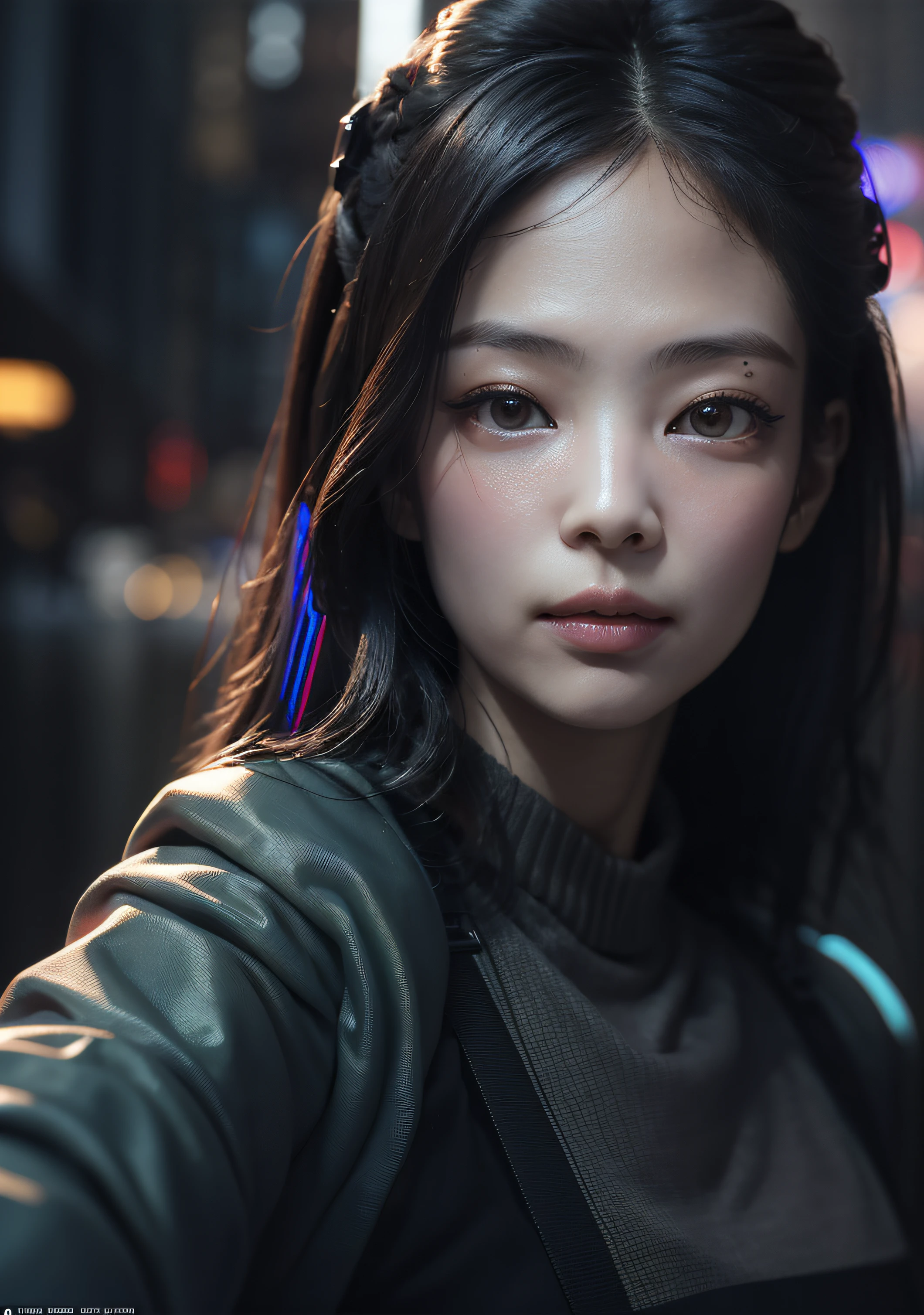 analog style, model shoot style, photo ((selfie:1.8)) of a girl, 1girl, (cyberpunk:1.8, cyberpunk city background:1.8), ((cutest face: 1.8, perfect face:1.3)), (long multicolored hair:1.4, pale skin:1.5),
(from above:1.2), best quality, epic (by lee jeffries photo, sony a7, 50 mm, pores:1.5, colors, hyperdetailed:1.5, film grain:1.4,
hyperrealistic: 1.5), hyper-realistic lifelike texture, masterpiece, unreal engine 5, Extremely detailed CG unity 8k wallpaper, realistic eyes,
Madly detailed photo, (ecstasy of light and shadow, deep shadow), (Winner of the Pulitzer Prize for Photography and Taylor Wessing Photographic Prize) Jennie Kim, sexy pose, whole body,
