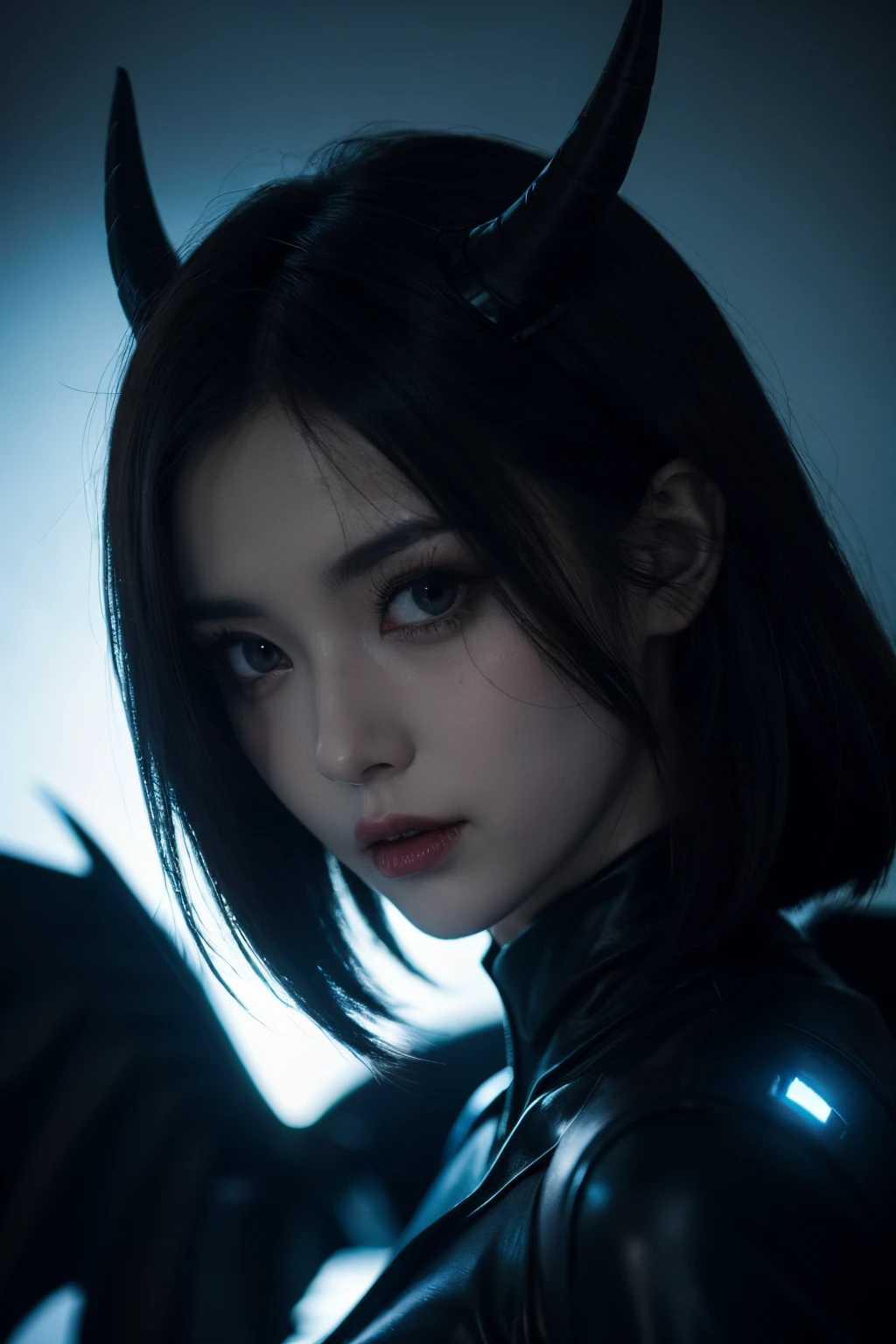 A man in a futuristic tights、Close up of horned demon woman with black wings posing for photo in dark studio, minimal background, Dark synthetic aesthetic, Horror cyberpunk, ultra - detailed, tmasterpiece.