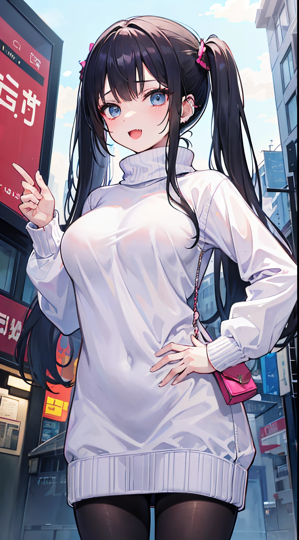 (8K、Top image quality、top-quality、masterpiece)、1 girl in、((Pink Twin Tails))、light blue eyes、piercings、Show your fangs and laugh、large full breasts、((white turtleneck sweater))、((black pantyhose))、Put your hands on your hips、cowboy shot、Taken from below、Downtown background