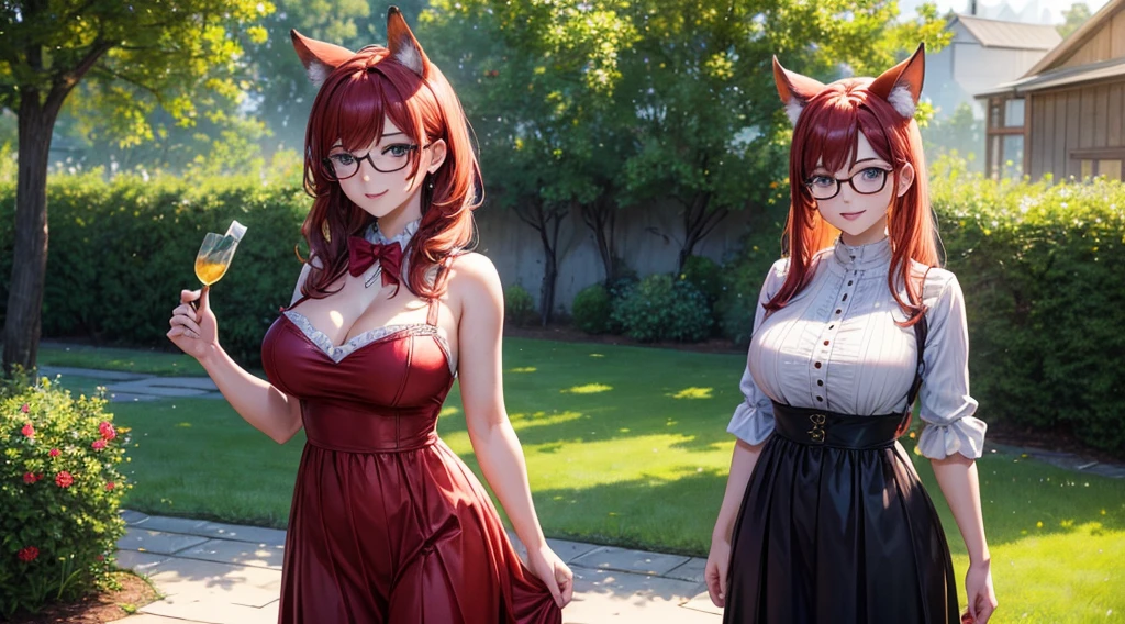 (masterpiece, best)), (1girl), (mature woman), Red hair, open-chest seduction, flared, (kemonomimi Farm lady), bangs, medium breasts, glasses lady, (full), slim, smile, [wide hips], standing, 8K picture quality, sexy seduction, (open-chest) (Sharp focus: 1.5), (sharp focus:1.2), (beautiful face:1.1), (eye makeup:1.2), (tight body:1.2), (sundress:1.2) (Farm:1.2). (morning sun lighting:1.2), ((Masterpiece)), (highest quality))), ( national costume, same character, front, side, back), (garden background: 1.3) ( Masterpiece:1.2), (Best Quality:1.3) (best quality:1.1) realistic:1.37 long, flowing:1.1 luscious, plump:1.1 sparkling sequins:1.1 subtle, soft, warm:1.1 best quality,4k,8k,highres,masterpiece:1.2, realistic,photorealistic,photo-realistic:1.37, ultra-detailed:1.1 busty animal ears, beautiful, detailed ears:1.1 best quality, 4k, highres, masterpiece:1.2 detailed, piercing eyes:1.1 4k, 8k, highres, masterpiece:1.2 very three-dimensional: 1.2 (8k, best quality, masterpiece:1.2 ((masterpiece, best))