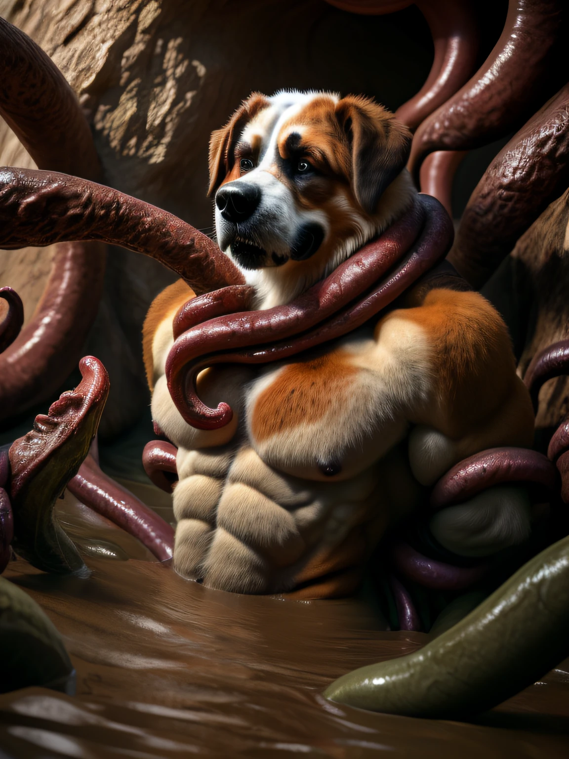 Realstic,photoreallistic,tranchant,(Best quality,Masterpiece:1.4),Anthro(saint-bernard:1.3)(fourrure noire)(fully clothed),Retenu,Captured par des tentacules dans des sables mouvants épais,(musculaire:2),gros pectoraux,Muscular arms,Muscular shoulders,(retenu par des tentacules:2),(arm behind back:1.8),(tentacule enroulé autour du cou:1.5),(noyade),(Naufrage:1.8),,Bored expression,Captured,Regarder autour de soi ,grotto basement du desert,Tombé in a trou,boue rouge épaisse, sables mouvants lourds,monstre en arrière-plan,jour ,highly detailed, realistic fur, detailed fur,detailled eyes,Detailed teeth,realistic eyes,Mamelons realistes,anatomiquement correct,closeup shot