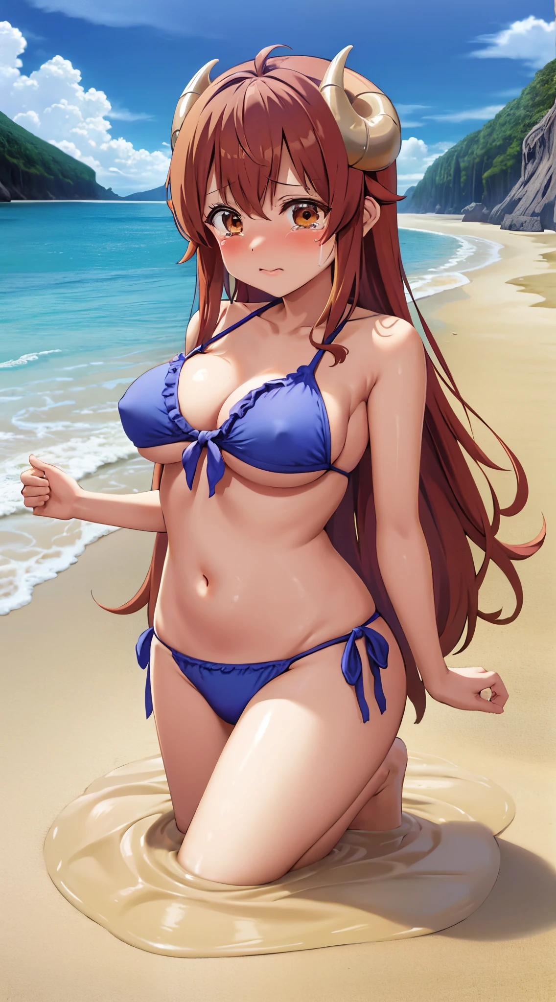 best quality, masterpiece, highly detailed, illustration, 1girl, solo, yoshida yuuko \(machikado mazoku\), horns, shamiko, bikini, beach, (quicksand:1.3), glossy lips, lips parted, crying