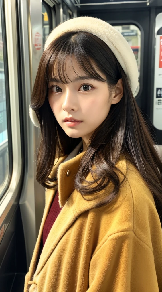 Top image quality、masterpiece、Beautuful Women、japanes、25-years old、On the train、(masuter piece:1.3)、(8K、Photorealsitic、Raw photography、top-quality:1.4)、(1girl in)、Beautiful expression、(Lifelike face)、(A dark-haired、Realistic eyes beautiful details、(real looking skin)、coat、absurderes、enticing、ultra res、A hyper-realistic、high detal、the golden ratio、serious faces、dual、long、Loose perm、Beautiful Japan Woman、shiny skin