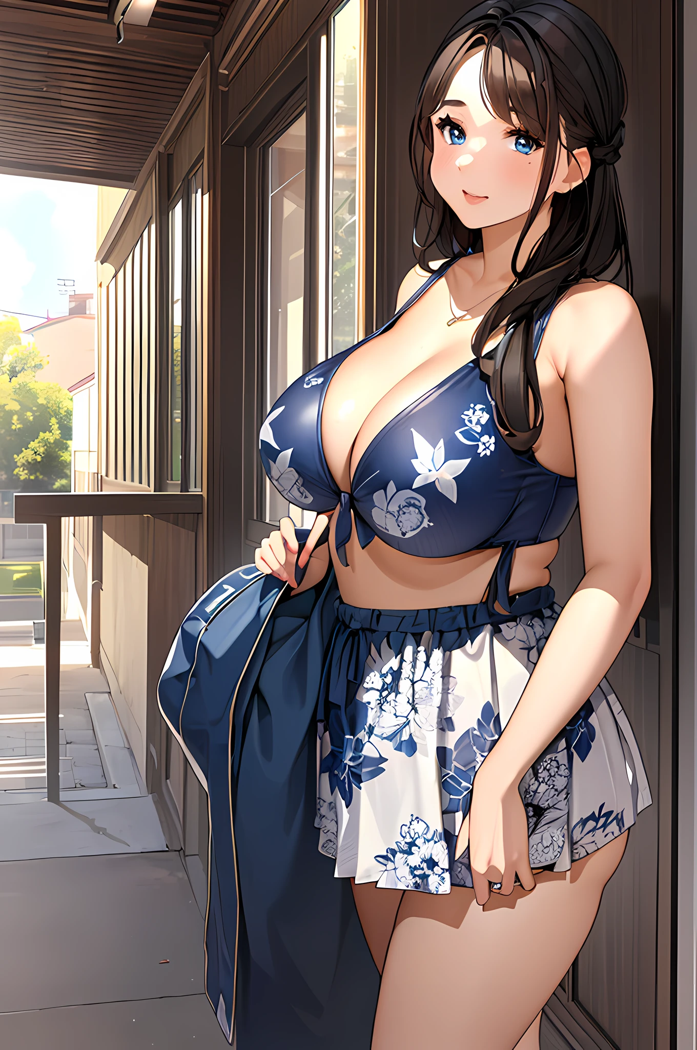 (tmasterpiece:1.2), (Best quality:1.3), shallow_the sunset, 1 busty girl, Eternal, cowboys_shooting, straw_There  cleavage, bathing suit, a skirt, shorter pants, Flowers, starfish,