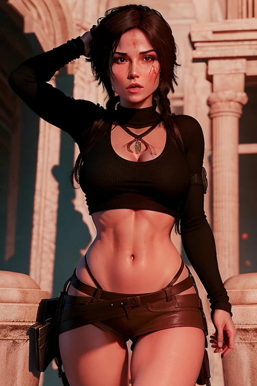 Lara Croft tomb Raider, wearing tight black long sleeved sweater, uncovered belly, red mini skirt, mature woman body