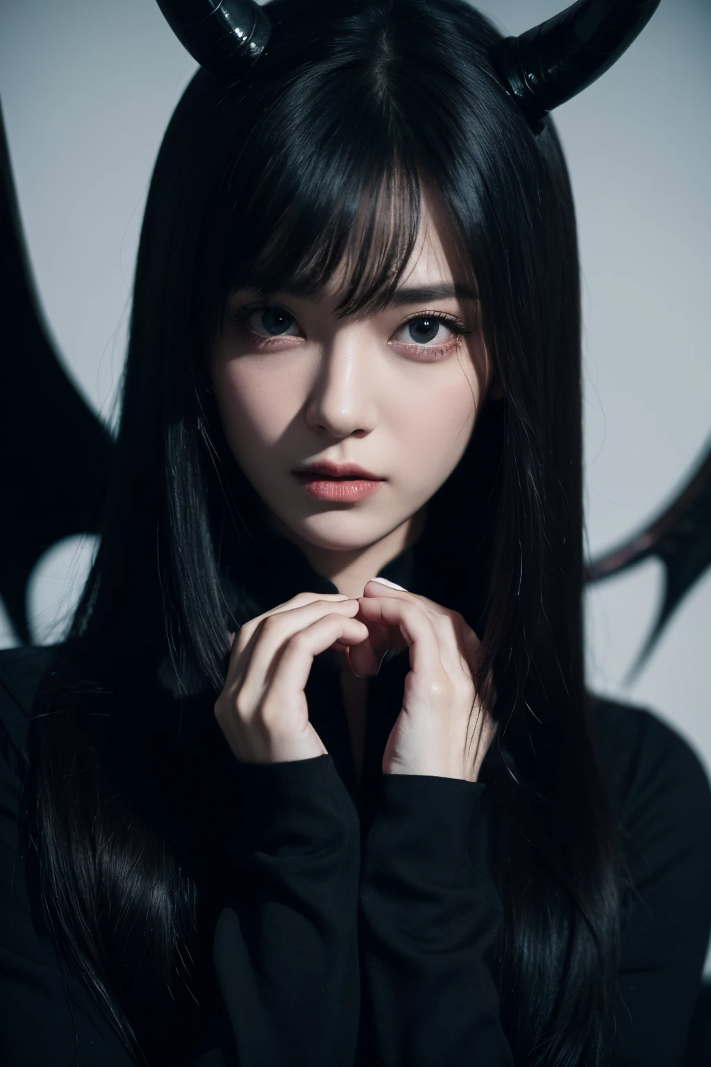 A man in a futuristic tights、Close up of horned demon woman with black wings posing for photo in dark studio, minimal background, Dark synthetic aesthetic, Horror cyberpunk, ultra - detailed, tmasterpiece.