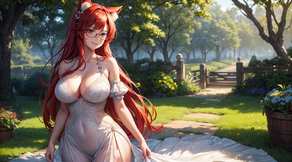 (masterpiece, best)), (1girl), (mature woman), Red hair, open-chest seduction, flared, (kemonomimi Farm lady), bangs, medium breasts, glasses lady, (full), slim, smile, [wide hips], standing, 8K picture quality, sexy seduction, (open-chest) (Sharp focus: 1.5), (sharp focus:1.2), (beautiful face:1.1), (eye makeup:1.2), (tight body:1.2), (sundress:1.2) (Farm:1.2). (morning sun lighting:1.2), ((Masterpiece)), (highest quality))), ( national costume, same character, front, side, back), (Crops background: 1.3) ( Masterpiece:1.2), (Best Quality:1.3) (best quality:1.1) realistic:1.37 long, flowing:1.1 luscious, plump:1.1 sparkling sequins:1.1 subtle, soft, warm:1.1 best quality,4k,8k,highres,masterpiece:1.2, realistic,photorealistic,photo-realistic:1.37, ultra-detailed:1.1 busty animal ears, beautiful, detailed ears:1.1 best quality, 4k, highres, masterpiece:1.2 detailed, piercing eyes:1.1 4k, 8k, highres, masterpiece:1.2 very three-dimensional: 1.2 (8k, best quality, masterpiece:1.2 ((masterpiece, best))