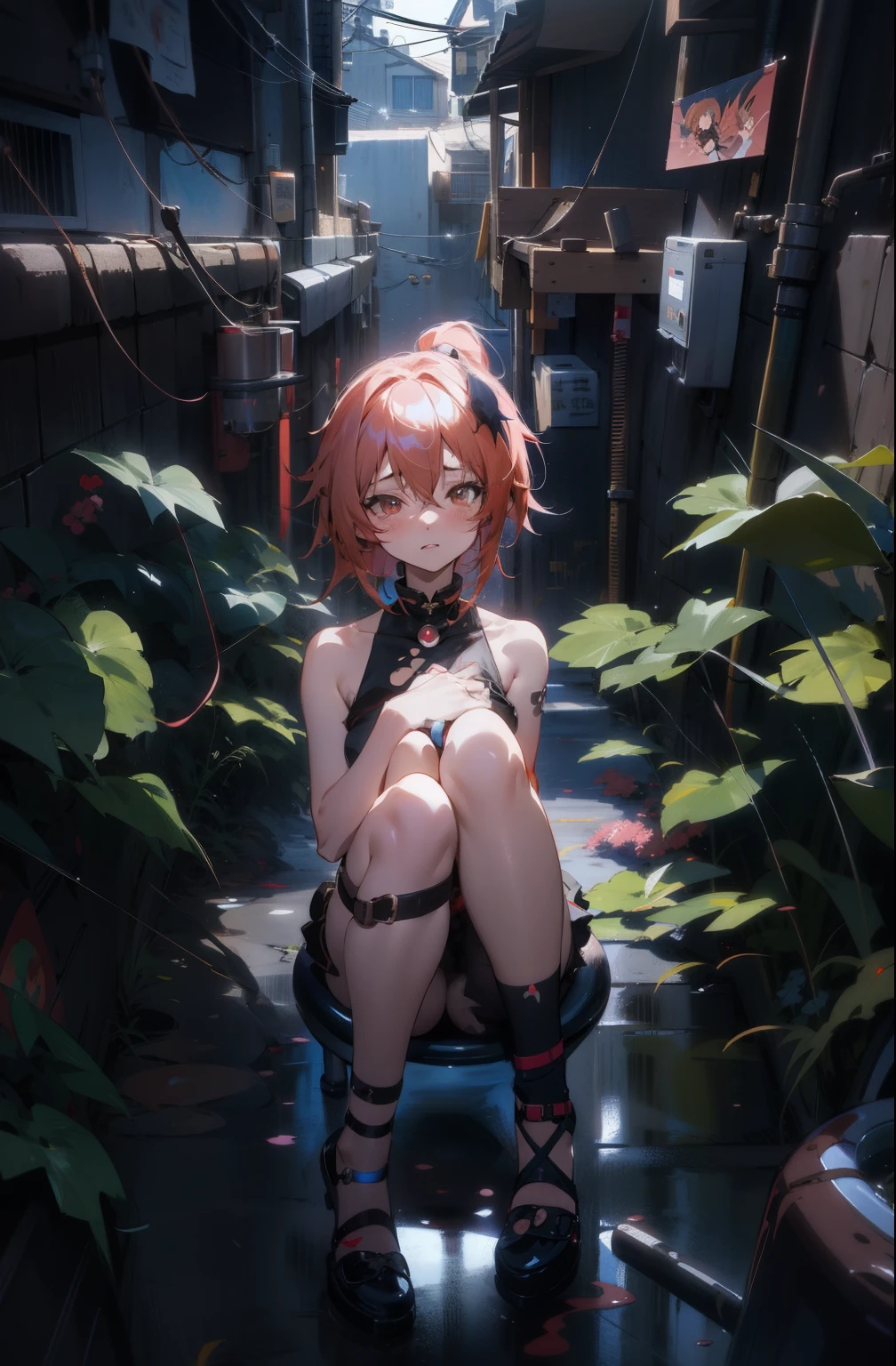 anime girl sitting on a toilet in a dark alley, best anime 4k konachan wallpaper, 4k anime wallpaper, guweiz on artstation pixiv, guweiz, guweiz on pixiv artstation, artwork in the style of guweiz, the anime girl crouching, anime wallpaper 4 k, anime wallpaper 4k