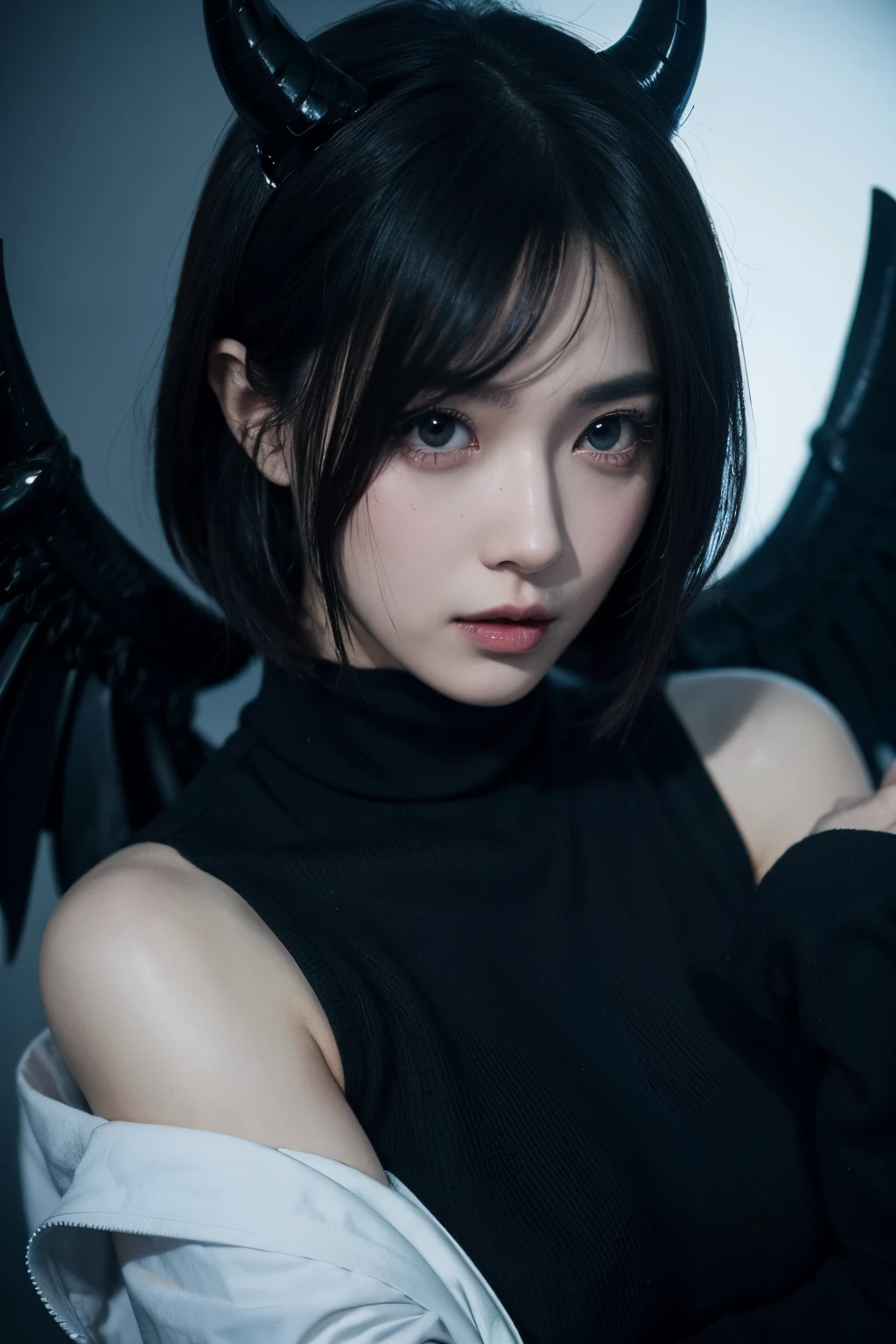 A man in a futuristic tights、Close up of horned demon woman with black wings posing for photo in dark studio, minimal background, Dark synthetic aesthetic, Horror cyberpunk, ultra - detailed, tmasterpiece.