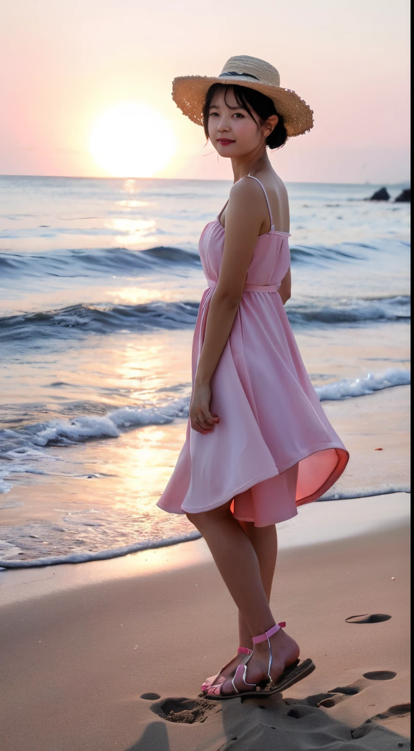 A salt and pepper schnauzer wearing a pink dress,A pink sun hat,A pair of pink sandals,Standing upright on the beach like a human being,cute looking。