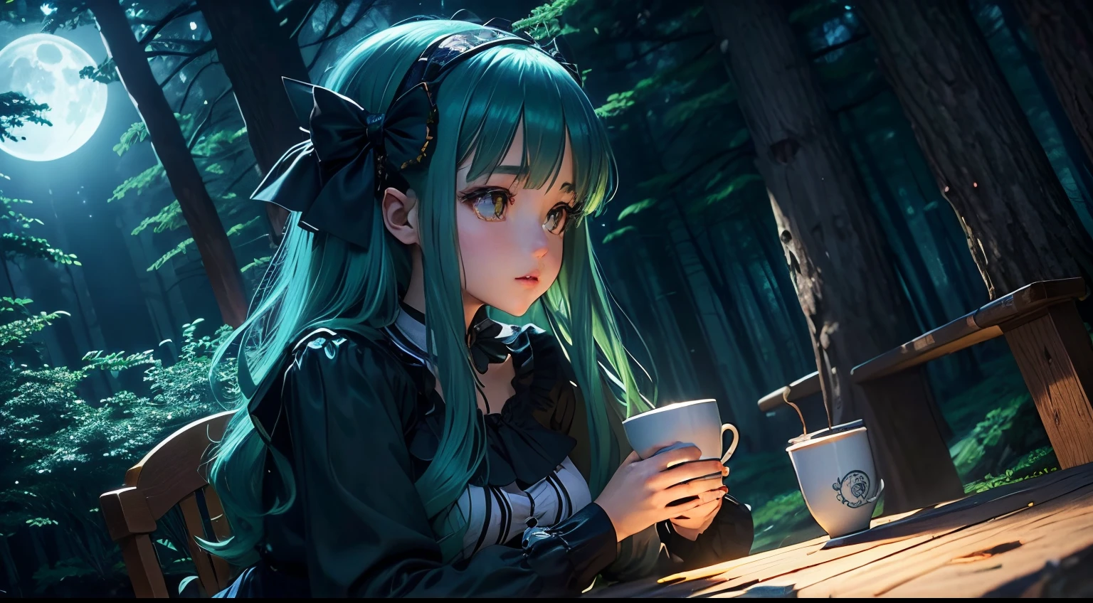 Anime girl and cup of coffee in enchanting moonlit forest with deep blues and greens.