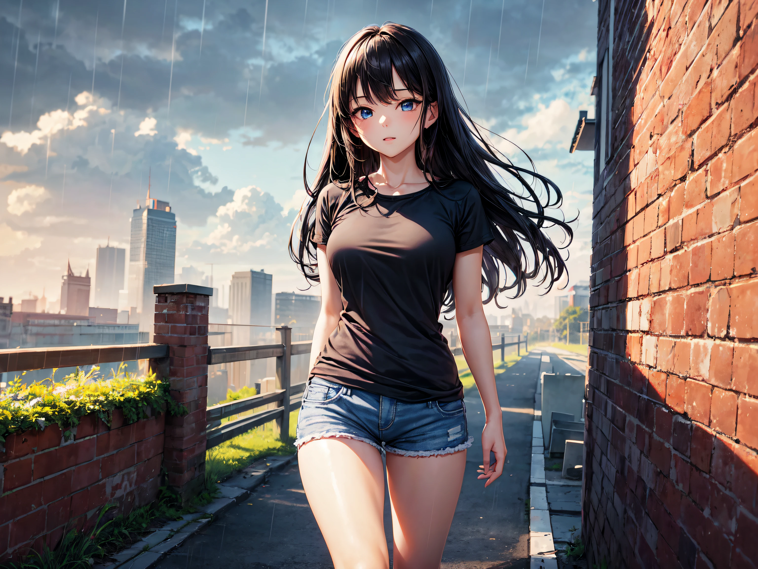 Beautiful girl of Asian appearance with an athletic body and long hair., straight black hair, blue eyes and white long manicure., wearing a black top and short pink shorts, black stockings and white sneakers., standing against a background of a brown brick wall in rainy weather. high detailed photo, perfect light, the golden ratio, Perfectly proportioned.