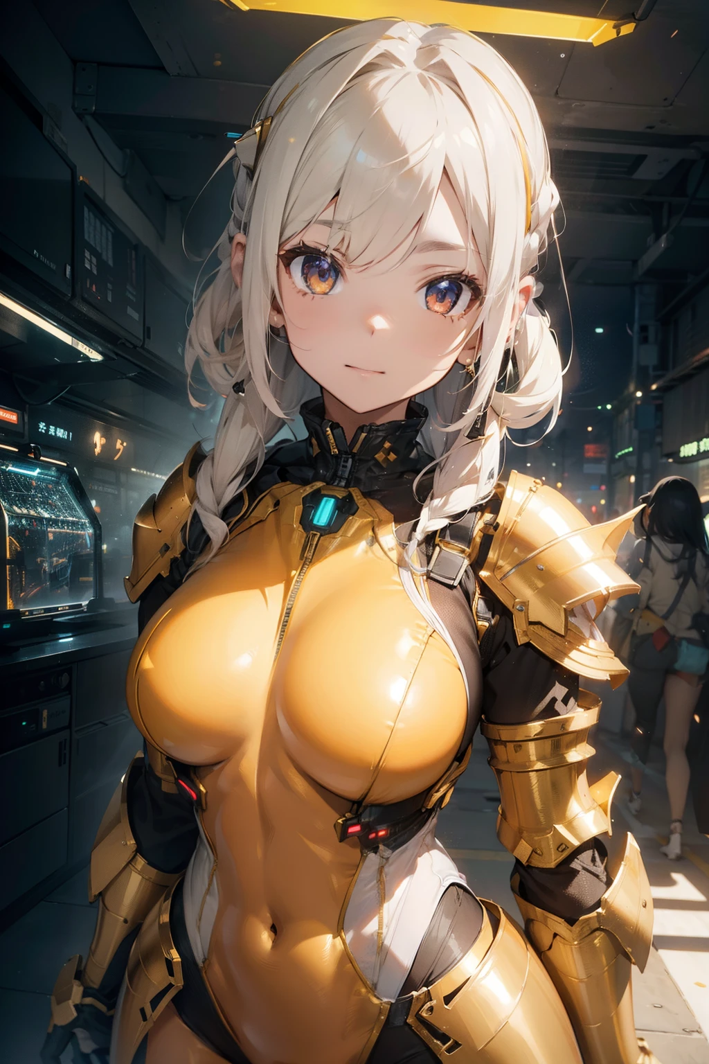 Arknights girl (masterpiece), best quality, expressive eyes, (((in hyper realistic and detailed neon-lit sci-fi plugsuit golden & white armor, aethereal aesthetic style))) beauty korean idoll, intricate perfect beauty cute face, detailed sharp eyes, hyper realistic and detailed hair, (((from face to the waist))), (((beauty slim shape))), 4k, UHD