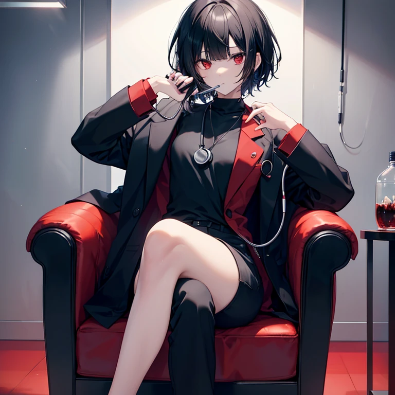 Red eyes,Doctor coat,sit on chair,Short black hair,Fluffy hair with M-shaped bangs,I have this stupid hair,black shirt and pants,casually sipping a bottle of drink,looking at you(You're looking at him),Slender, slender, fair hands,There a touch pen in his coat,Eyes are profound,Sit with your legs crossed,One leg on the chair,A stethoscope hanging around the neck,Tall and tall,Has a sickly air