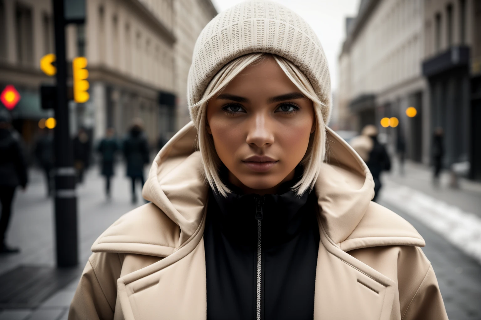 A confident three 25-years old fitness white-skin female models in a long beige winter jacket, poising on a street, medium: photo hyper-realism, style: edgy street fashion meets contemporary art, lighting: dramatic contrast with a mix of artificial and natural light, colorold and gritty with a focus on the textures of the winter jacket and street, composition: Nikon D850, AF-S NIKKOR 50mm f/1.8G lens, Resolution 45.7 megapixels, ISO sensitivity: 200, Shutter speed 1/125 second, close-up shot with a focus on the winter jacket, street art as a backdrop --ar 16:9 --v 5.1 --style raw --q 2 --s 750