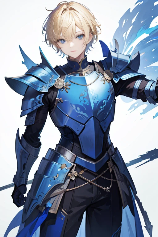highres,high quality,best quality,detailed,1boy,solo,standing,fantasy,white background, background, character design,tachi-e,blonde hair,short hair,wavy hair,blue eyes,knight, slightly armor,blue armor,