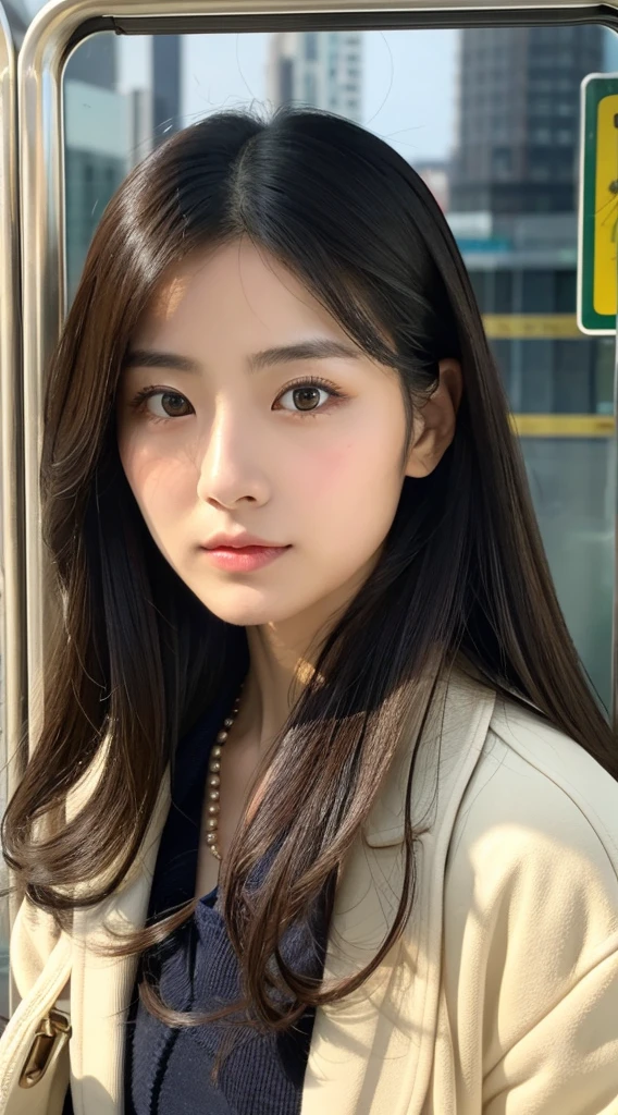 Top image quality、masterpiece、Beautuful Women、japanes、25-years old、On the train、(masuter piece:1.3)、(8K、Photorealsitic、Raw photography、top-quality:1.4)、(1girl in)、Beautiful expression、(Lifelike face)、(A dark-haired、Realistic eyes beautiful details、(real looking skin)、White coat、absurderes、enticing、ultra res、A hyper-realistic、high detal、the golden ratio、serious faces、dual、long、Loose perm、Beautiful Japan Woman、Urban women