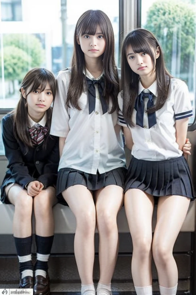 masutepiece, High quality, Best Quality, Beautiful, hard disk, Realistic, Perfect Lighting, Detailed face, 2 girls、Alafed asian woman in short skirt and bow tie sitting on train、cute school girl、Japan Female Student Uniform、with a Japanese school uniform、Japan school uniform、a hyperrealistic schoolgirl、hi-school girl、Dressed in uniform、a hyperrealistic schoolgirl、Girl in Uniform、Schoolgirl posing in uniform、full body Esbian、slender、Nice skin、glistning skin、 lovely thighs、glowing thighs、shining legs、((I can see my panties))