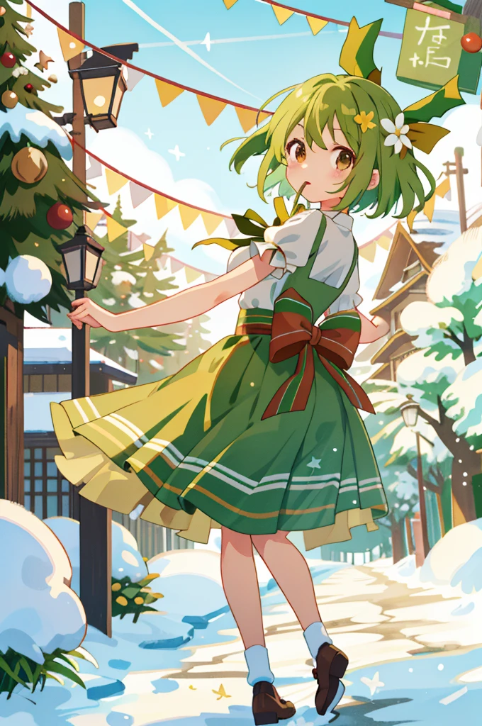 1个Giant Breast Girl, Green hair, ribbons, Brown eyes, shairband, nevando, yuki, view the viewer, with her mouth open, Alone, the bow, snowflower, lamp post, short detailed hair, christmas