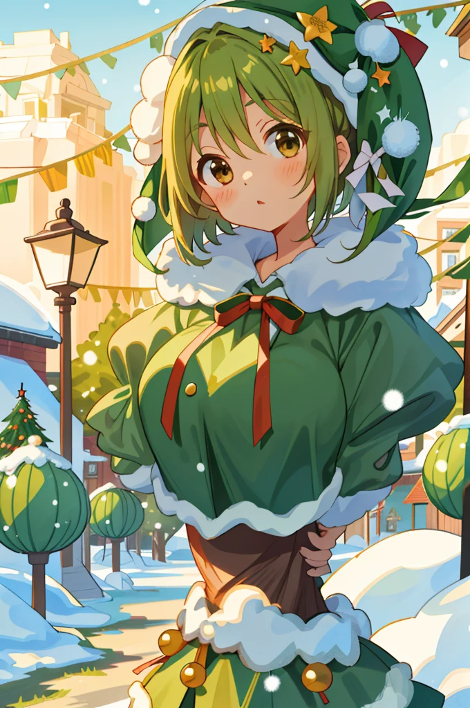 masterpiece, best quality, ultra detailed, anime style, 1girl, young, cute, medium long hair, dark green hair, orange eyes, medium breasts, christmas costume, sexy costume, inside, christmas tree, snowing, warm, beautiful face, happy, cowboy shot