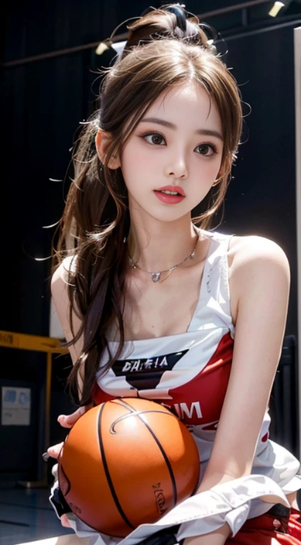 （RAW Photos，4K，tmasterpiece，hight resolution，very intricate）（realisticlying：1.4），basketball hagar body esbian、Wink、ssmile、Japan's bright red uniform、Basketball court、Basketball Goals、audience、spot light、illuminating、players、stadio、Having a Basketball、The best smile、Delicate girl illuminating facial features in a movie
1 Girls， single focus， Summer noon，（styles\），White skin，(Bigchest，cleavage)， (Best Quality), (hight resolution), (extremely delicate and beautiful),,(Beautiful 8k face),(Brown eyes),(ulzzang-6500:1.0),(Solo),(sideways Facing),(Spectators),(Large breasts),(nffsw),frontage,(Side), ,(Basketball sportswear),((Playing Basketball)),((Gymnasium)),((velocity)),(reality),（chiayi：1.5）， closeup cleavage， tmasterpiece， best qualtiy， RAW photogr， realisticlying， faces， Lady， adolable， long beautiful hair，poneyTail、 depth of fields， hight resolution， ultra - detailed， finedetail， Very detailed， extremely detailed eye and face， Sharp pupils， realisitic， tack sharp focus， cinmatic lighting