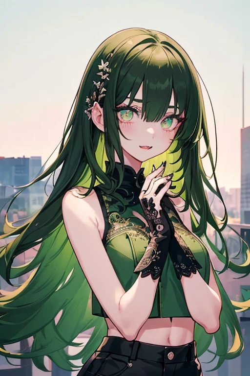 nichika, 1girl, solo, crop-top, bangs, green hair, fangs, long hair, short pants, black pants, blush, outdoors, pursed lips, standing, solo, night, city, upper body, sky, black gloves, (illustration:0.8), (beautiful detailed eyes:1.6), extremely detailed face, perfect lighting, extremely detailed CG, (perfect hands, perfect anatomy)