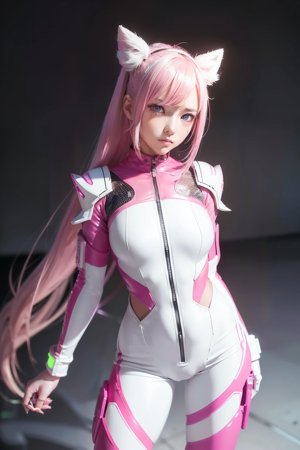 Arknights girl (masterpiece), best quality, expressive eyes, (((in hyper realistic and detailed neon-lit sci-fi plugsuit pink & white armor, aethereal aesthetic style))) beauty korean idoll, intricate perfect beauty cute face, detailed sharp eyes, hyper realistic and detailed hair, (((from face to the waist))), (((beauty slim shape))), 4k, UHD