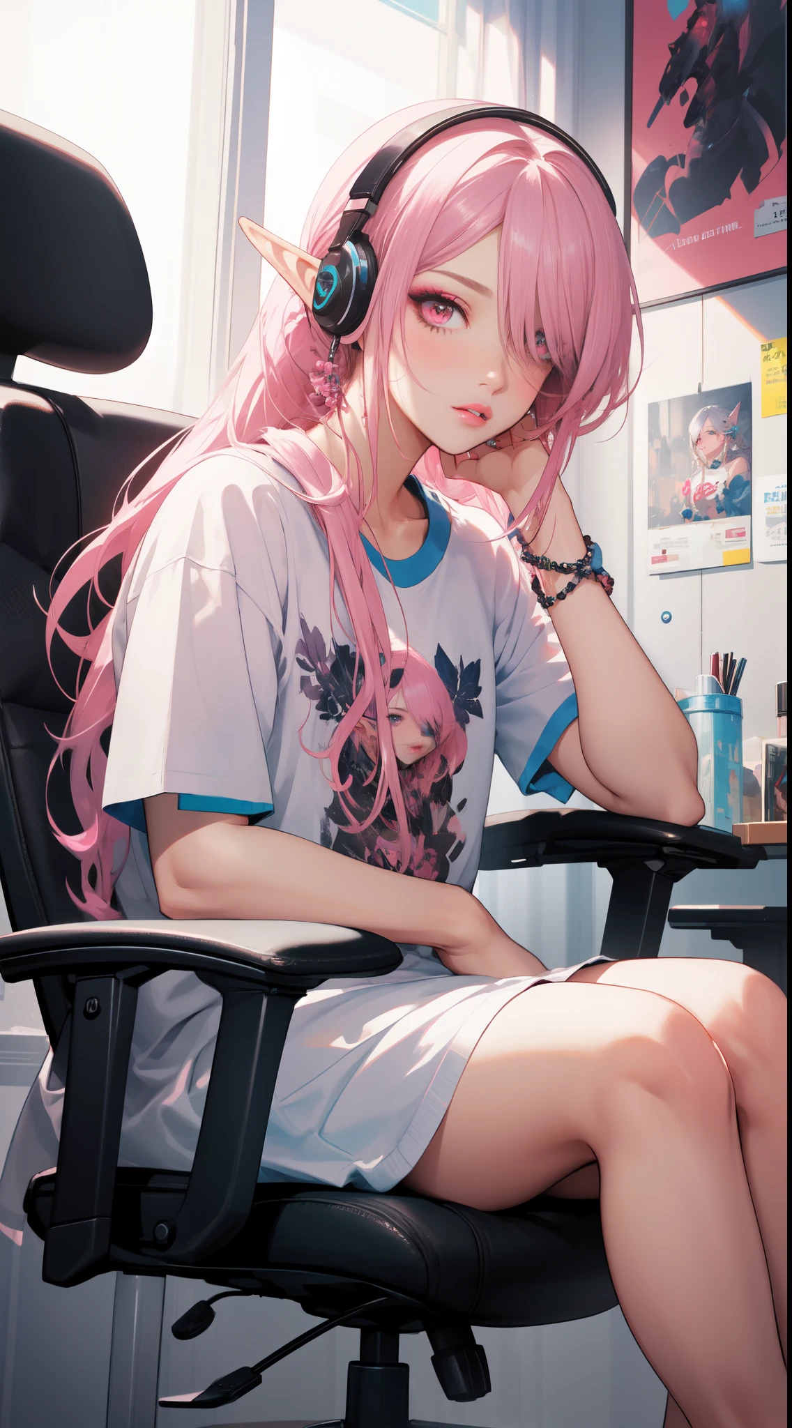 (masterpiece), (bestquality), (highlydetailed), (ultra-detailed), portrait of a cute gamers elf girl, (elf:1.1), (1girl), solo, half body, (sitting on gaming chair:1.2), extremely detailed beautiful face, blush, messy hair ponytail, parted bangs, (hair over one eye), eyelashes, makeup, pink eyes, parted lips, eyeshadow, pink lips, pink eyeshadow,  Long white t-shirt, (pink theme pc), style art by artgerm, by wadim kashin, by Kawacy.
